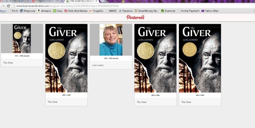 Once you are on the book site, click your new "Pin It" tab on your toolbar and this will come up.  Pick the picture you want to use by hovering your mouse over the picture and another "pin it" button will appear.