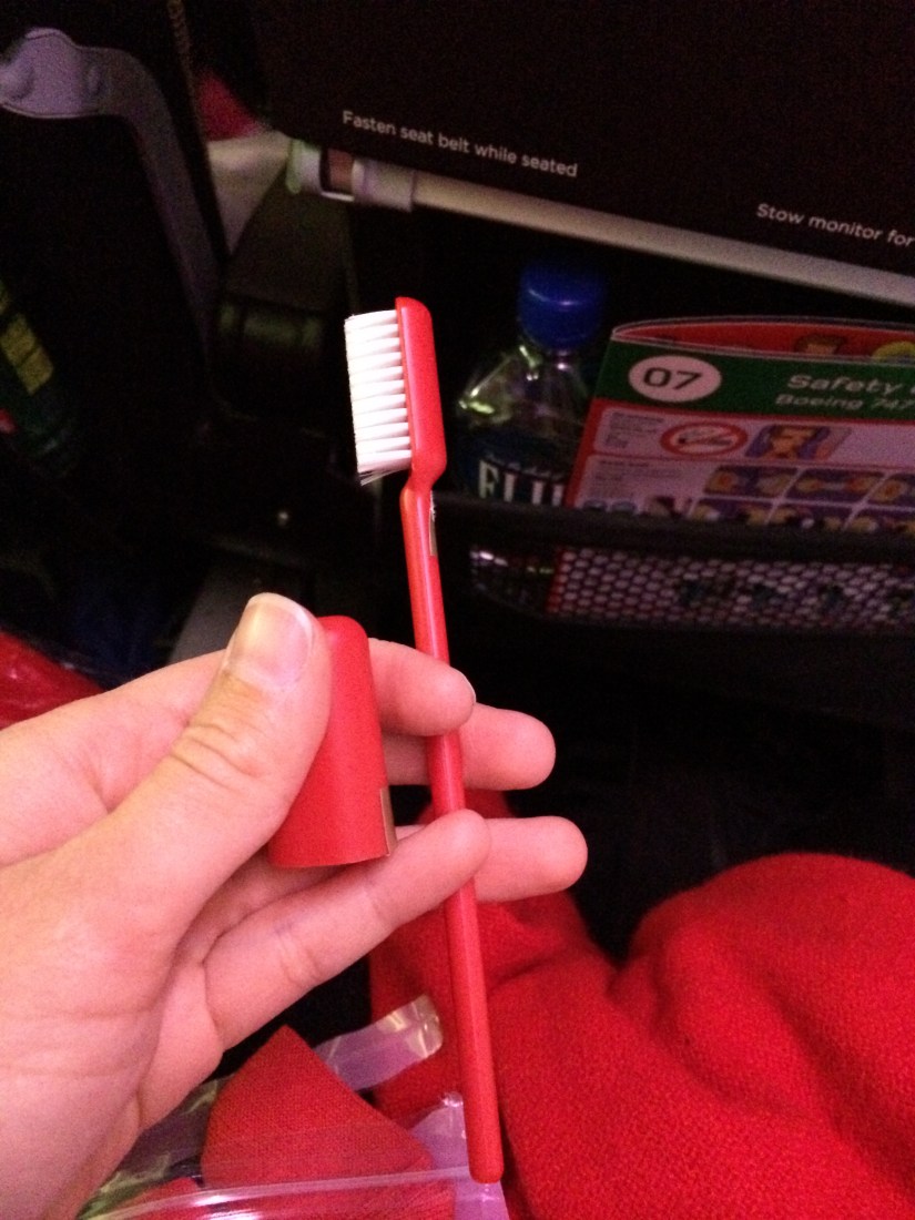 There was a little toothbrush and a one serving size tube of tooth paste for after the snoozefest was complete.