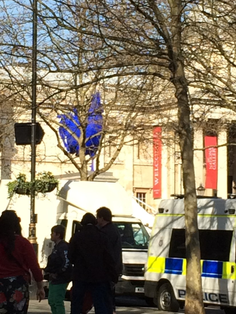 On this particular day, there happened to be a big blue chicken that also inhabited the square where Nelson is situated.