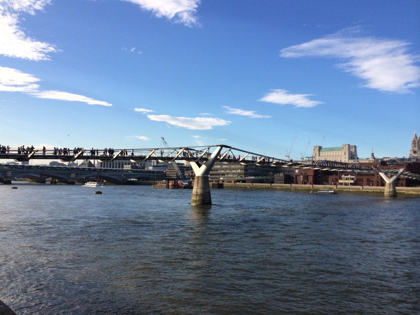 This was a footbridge built to commemorate the millennium, so they called it the Millennium Bridge.  But most Londoners call it the Wobbly Bridge because if everyone walks in unison (like during a parade) the bridge will start to gyrate and wobble back and forth!