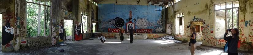 This is what is known as the Beatles Cathedral.  Some fans who wanted to pay homage to the group broke into the abandoned ashram and began painting all over the walls of the gathering hall.  They eventually got kick out for being there too long, but the paintings remain.  It was super cool.