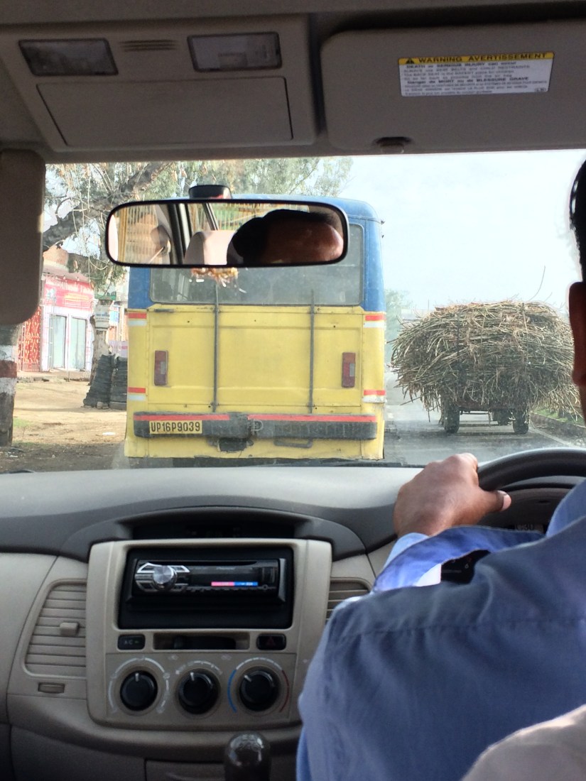 A colorful bus and a horse drawn trailer full of sticks.  There was no way to pass them for awhile.  And people tried.